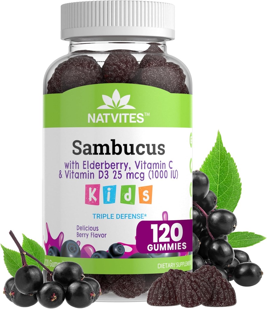 Black Sambucus Melderberry Gummys for Kids – 配有维生素C和维生素D3豁免靴的免疫辅助剂 – 蔬菜,非GMO,Gluten Free, Nut和奶制品免费 – 120 Gummys (Pack of 1).