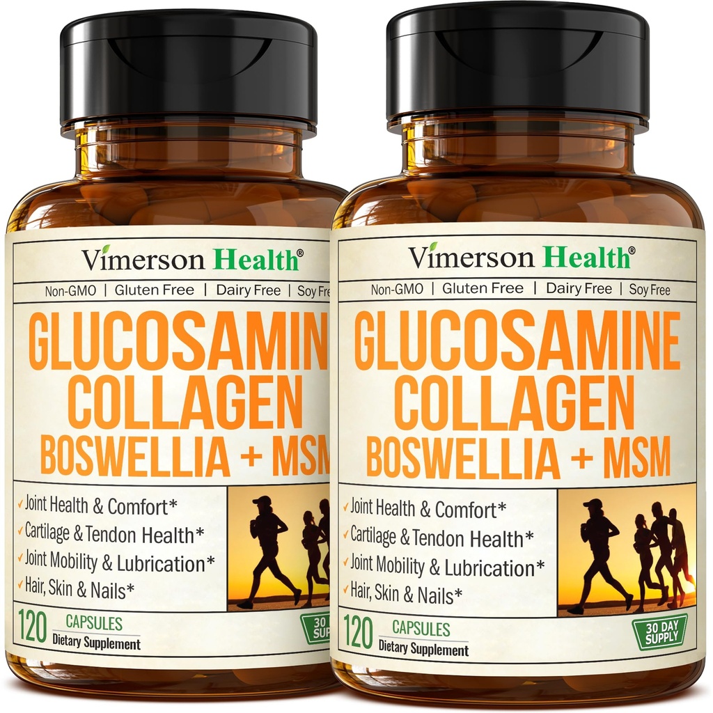 Glucosamine Chondroitin MSM 配有水解的Collagen Peptides - 配有Quercetin、Bromelain & Boswellia 提取剂的联合支持补充剂 - 毛皮钉的Collagen药 - FSA 合格2包