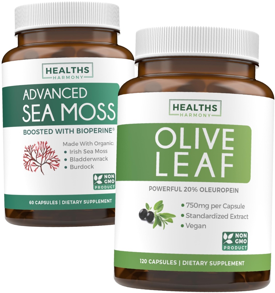 Sea Moss & Olive Leaf Extract (1-Month Supplement) 橄榄 Moss Blend - 有机爱尔兰海 Moss - Raw Vegan 补编(60 Caps) & 橄榄叶提取 超强:20% Oleuropein - 蔬菜(120 Caps)