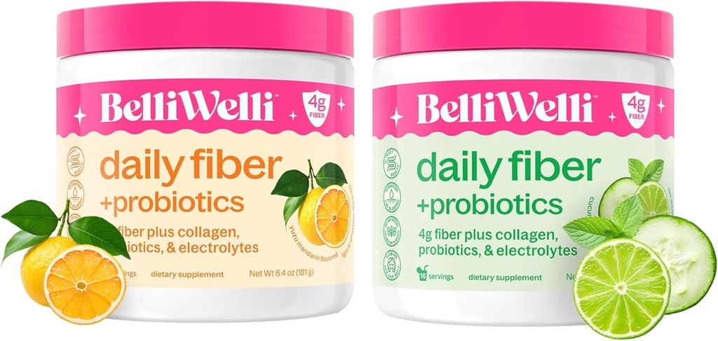 Daily Fiber 补充胶原、增生剂和电解剂- Cucumber Lime Mint 和 Orange Yuzu 普通话Flavors - 支持消化健康、减肥和水分 - 32 服务总计