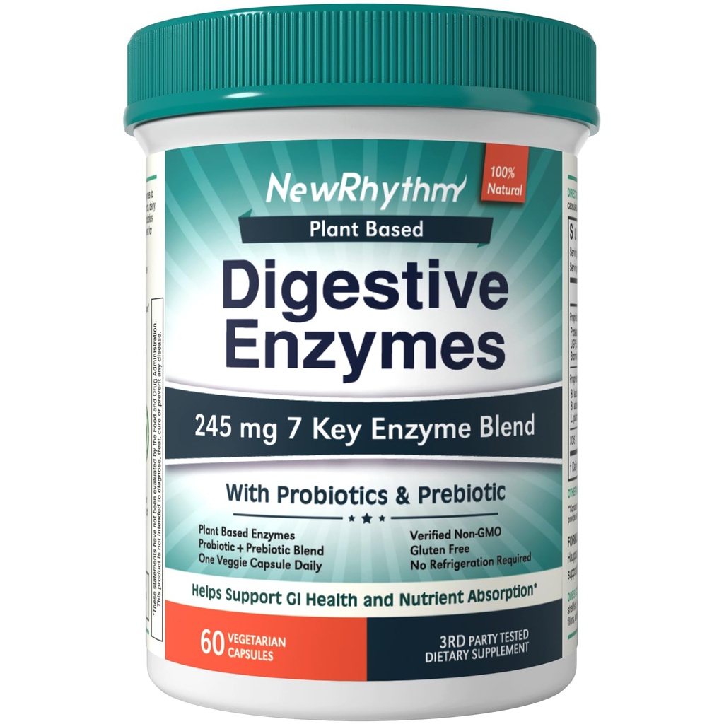 NewRhythm 消化酶 245 mg,有Probiotics和Prebiotics, Plant Based, 7 关键酶, 消化酶, 营养吸收, Protase Amylase & Lipase, 60 Vegan Capsules
