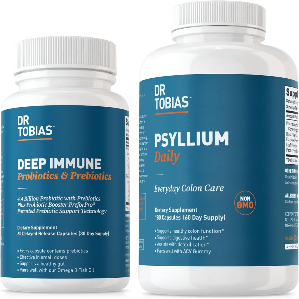 Tobias Deep Imune Probiotics & Prebiotics博士和Psyllium Daily,支持消化健康,Gut Imune功能,支持科隆健康的每日纤维补充4.4. 10亿