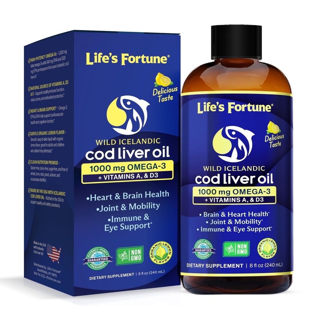 生命之福(Fortune Cod Liver) 油脂 有机柠檬 Flavor (8 Oz) 1000 mg Omega + 维生素A, E & D3 - 支持Immune健康 - 来自野生海洋Cod-GMO的100%鱼油补充剂