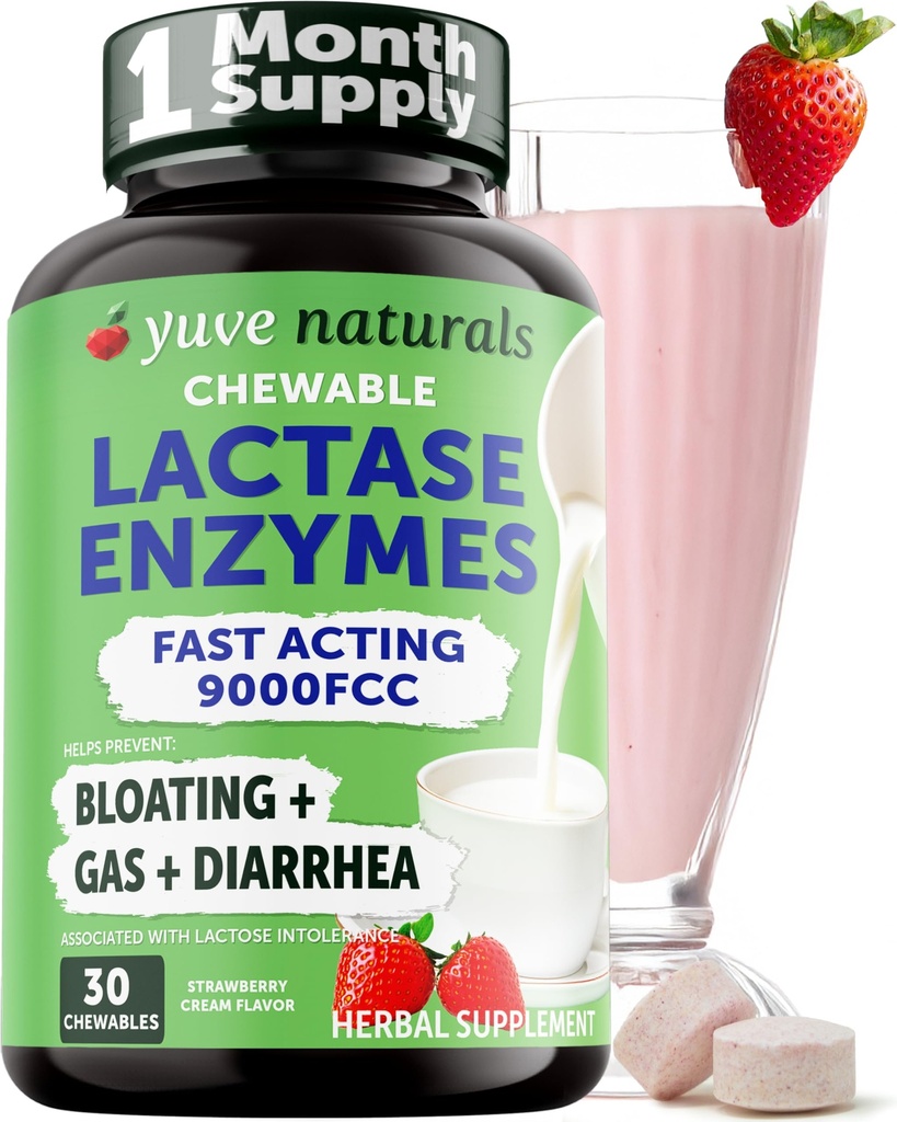 Yuve Natural Fast Affair 乳品救济 美味的菜肴 - 乳品酶 9000 FCC - 告别乳品不适的乳品 - 草莓 Cream Flavor - 30ct