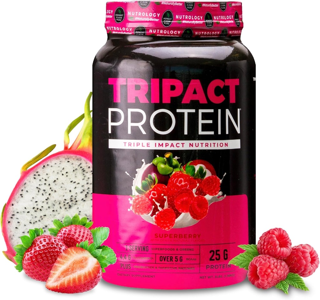 营养学 TRIPACT 蛋白粉 - 7-in-1 与草药Whey 蛋白粉, Pea, Rice, Greens for Muscle Recover and Avication, Superberry Flavor, 40 services (英语).