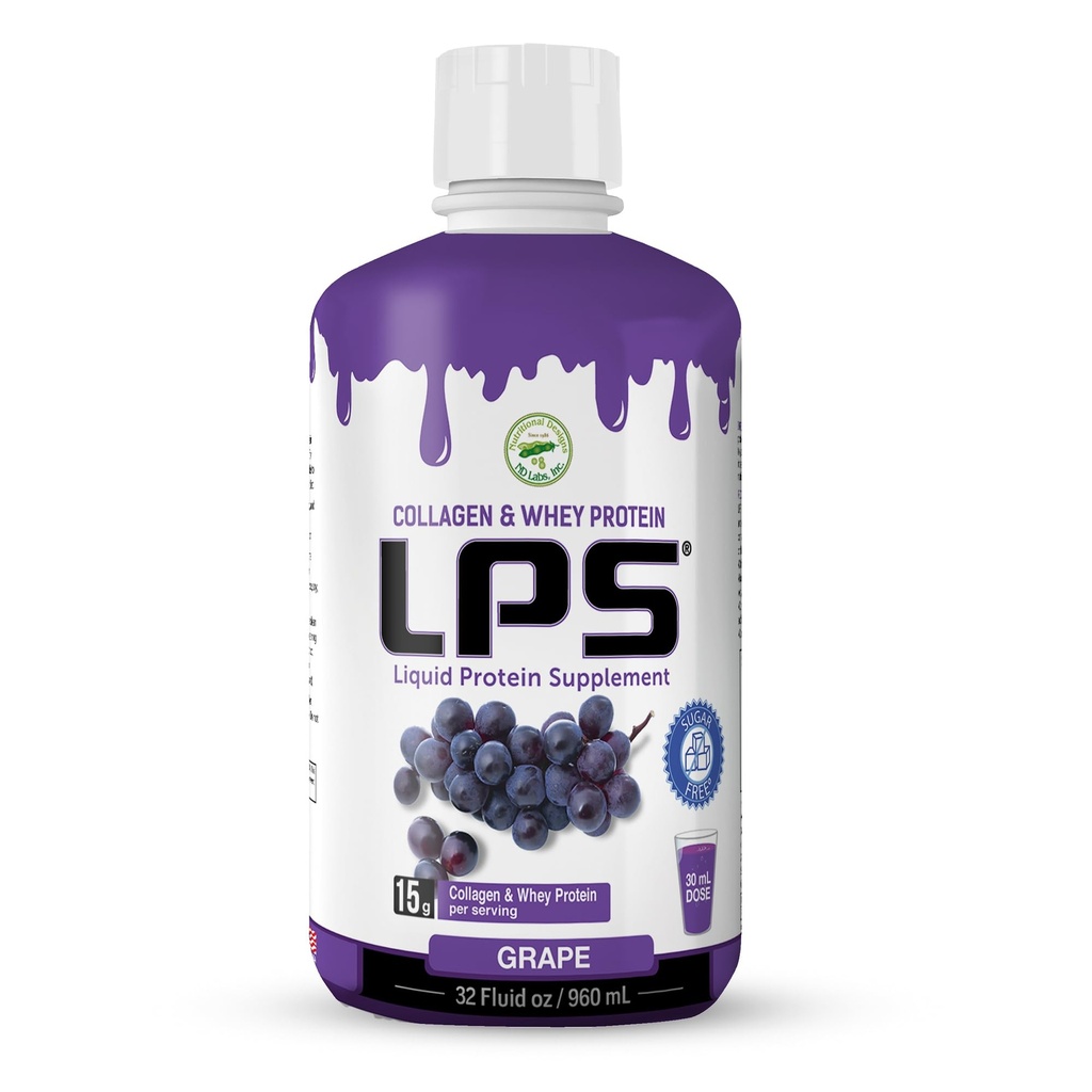 LPS 液溶胶和Whey蛋白补充剂 - 无糖、无染色、非GMO饮料 - 水解Colagen和Whey Peptides促进男女健康皮肤和头发,葡萄,32 fl oz
