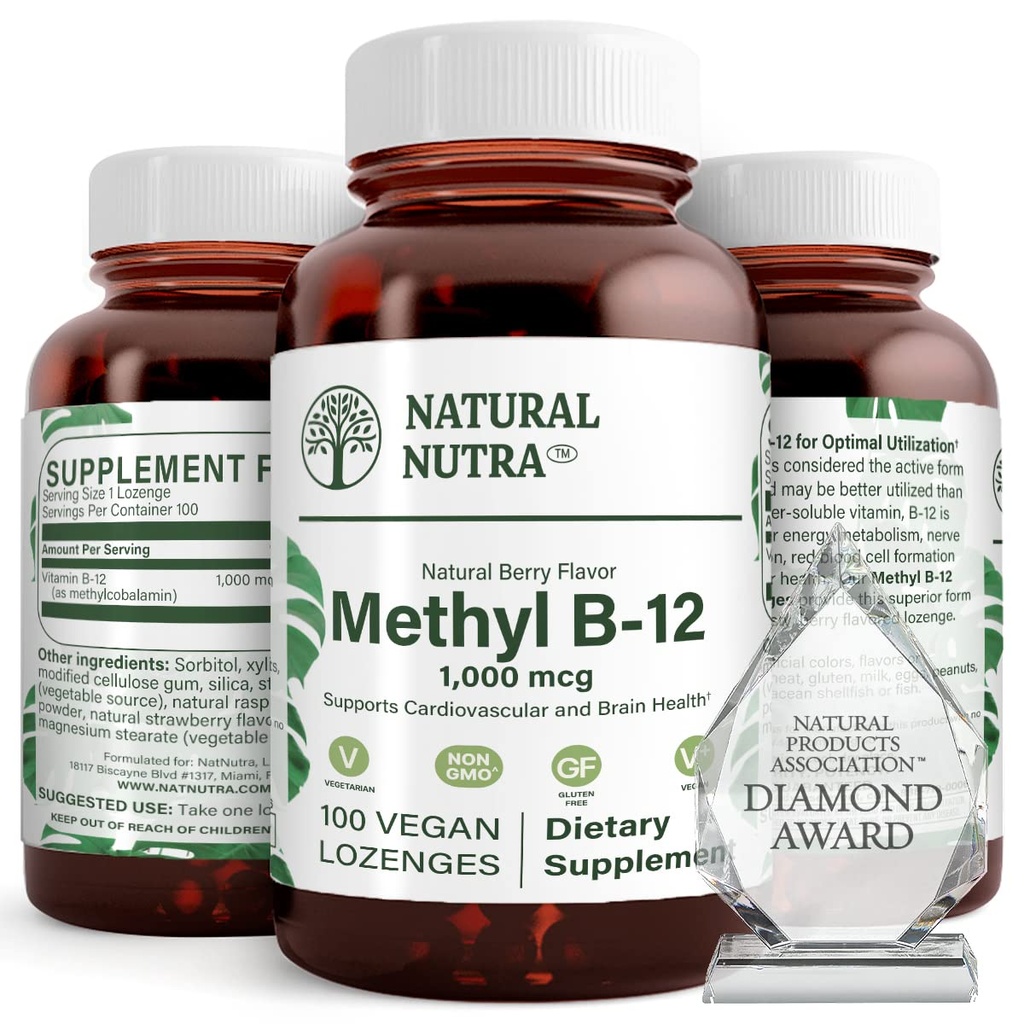 Natural Nutra Vegan Methy B12 1000mcg,心脏健康和能量助推剂补充剂,Gluten Free,支持能量转化,增强免疫反应,帮助大脑功能,100 Vegan Lozenges