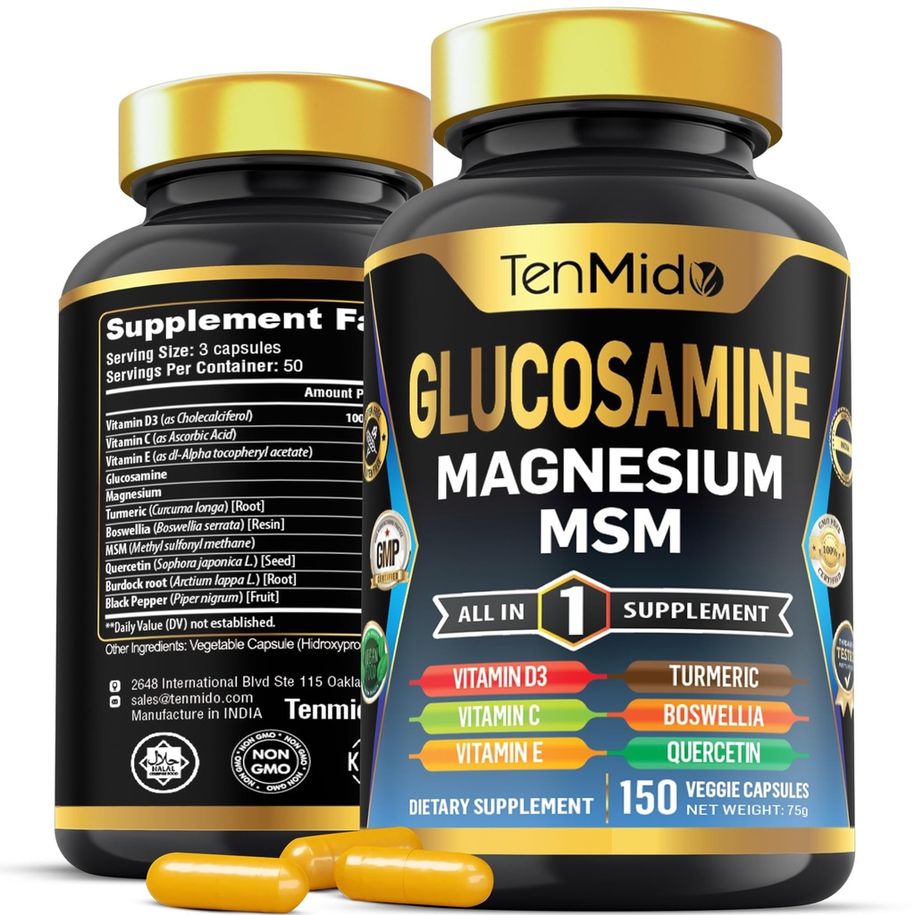 Glucosamine MSM 男女补充 - 11in1 公式 - 与镁,Turmeric, Boswellia, Quercetin, Burdock Root, 和 More ++++ 联合和移动支持 - 150卡普尔结合