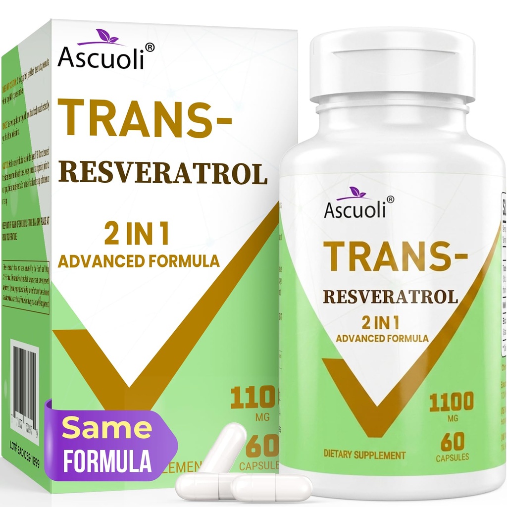 99% 超纯度 跨Resveratrol 1100mg, 3-in-1 高级公式 有机resveratrol 补编, Max 抗氧化剂, 抗衰老, 皮肤健康, 细胞修复, Boost NAD+, Imune & Energy, 60 Caps