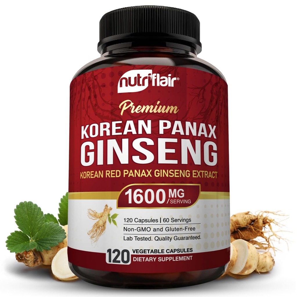 NutriFlair 韩红Panax Ginseng 1600mg – 120 Vegan Capsules → 5% Ginsenosides → 非GMO,Gluten-Free → 天然能源与焦点支持 → 在美国制造