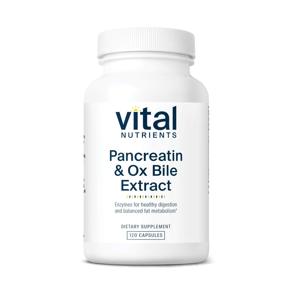 重要营养素 Pancreatin & Ox Bile 提取500mg → 女性和男性的自然消化酶 → 支持蛋白质,脂肪和碳水化合物的消化 → Gluten,乳制品和大豆自由 → 120 Capsules