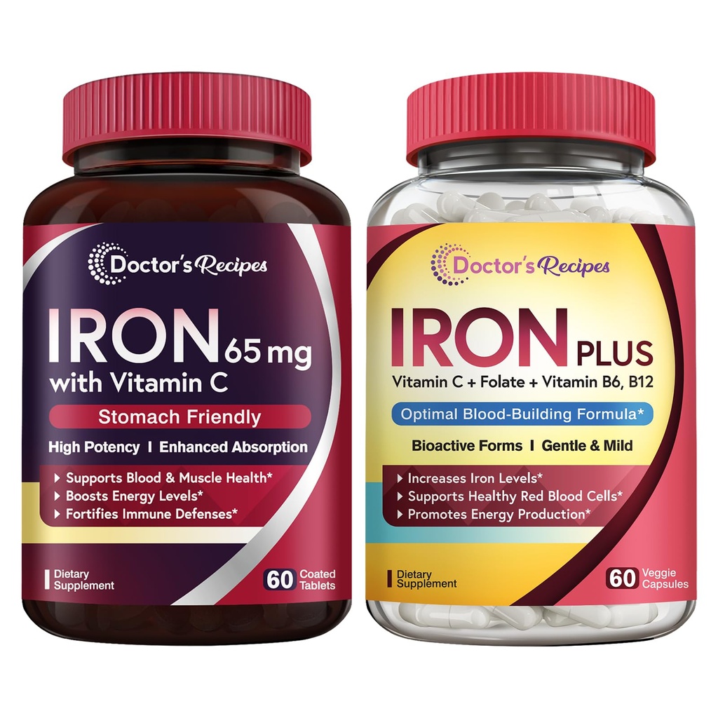 医生的配料 铁 65 mg & Iron Plus Bundle,健康铁水平和血液支持,铁片 60 cm & Iron Capsules 60 cm