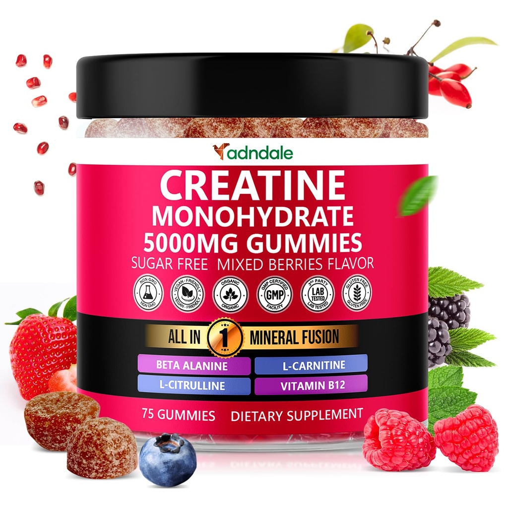 Adndale Creatine Monohydrate Gummys for Men & Women, 5 000mg / service Creatine 增产,配有 Beta-Alanine, L-Citrulline & B12 - 75 Vegan Gummys. 无糖