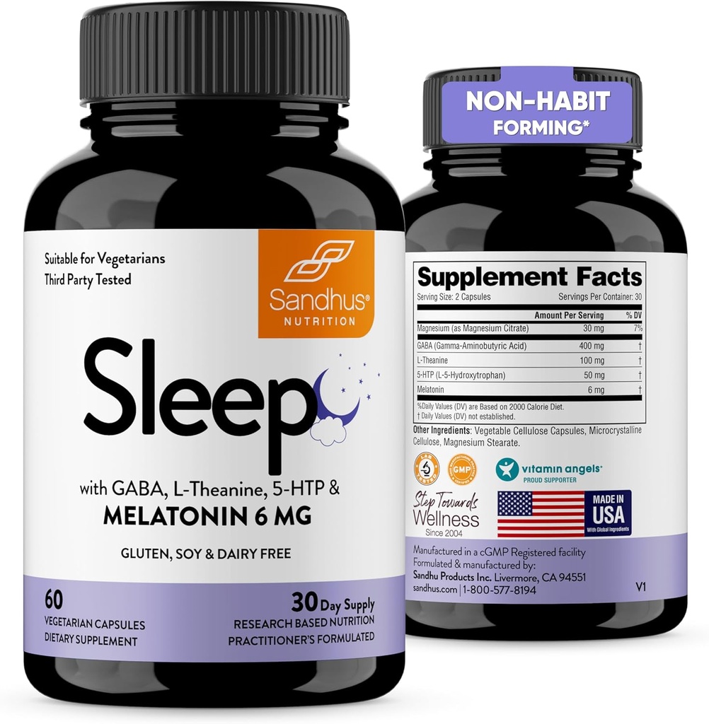 Sandhu's Sleep 60 Capsules – Non-Habit Forming 5-in-1 睡眠援助补编,配有梅拉图宁,镁,GABA,L-Theanine & 5-HTP
