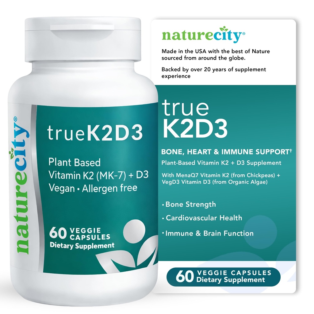 NatureCity TrueK2D3 植物基维生素 K2 MK7(90 mcg) & D3 来自藻类(2,500 IU) 2 in 1 Vitamin D3 K2 骨,心和免疫健康补充品 — 60 Veggie Capsules