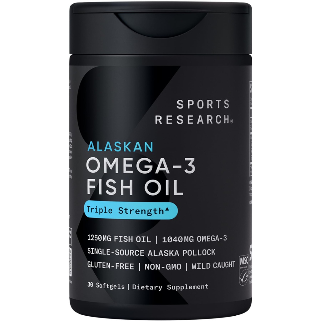 体育研究三强 Omega 3 来自野生阿拉斯加波洛克的鱼油 1250mg - 与Omega-3 EPA & DHA 配套的无鱼油补充剂 - 可持续来源,非GMO,Gluten Free - 30 Softgels