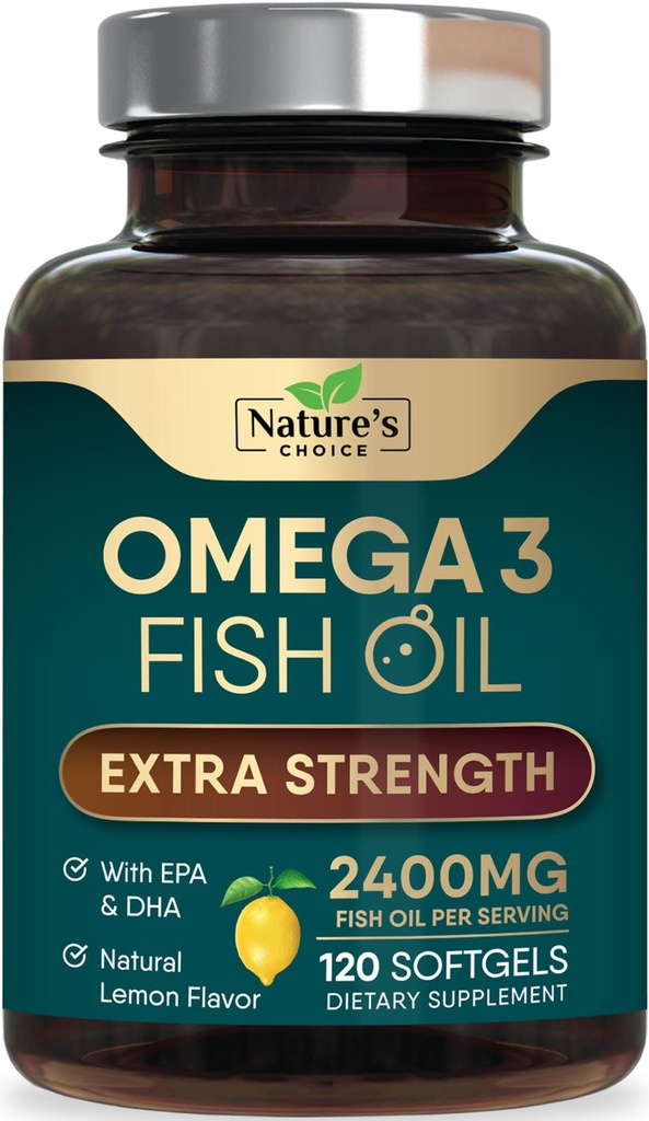 Omega 3 鱼油补充剂 2400 mg - 三重强度EPA和DHA 鱼油 Omega 3 基本脂肪酸补充剂 Softgel,脑和心脏健康支持补充剂 Gluten Free Non-GMO, 120 Softgels
