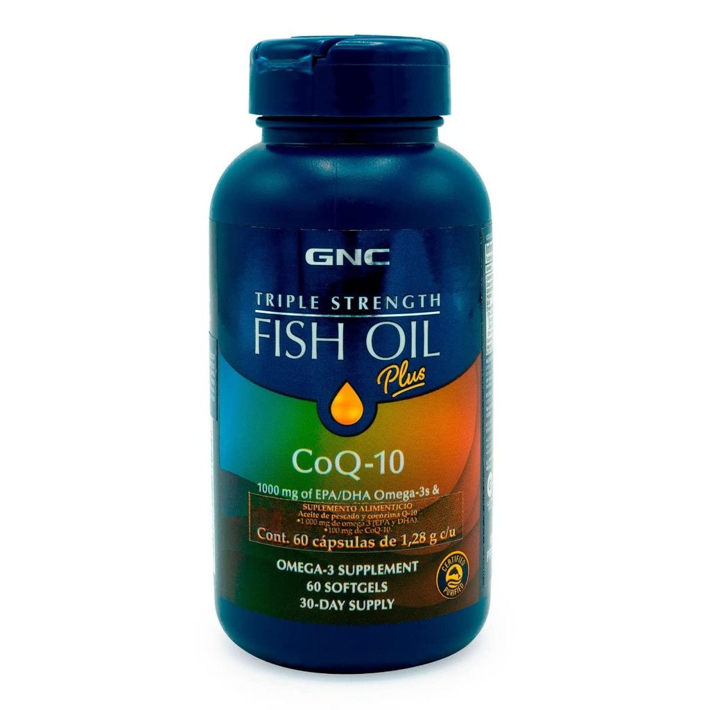 GNC三强鱼油加CoQ10 Omega 3 增产,1000mg EPA和DHA,100mg CoQ10,心与循环健康,加皮,联合,脑,和眼,为控制鱼y,30个服务对象.