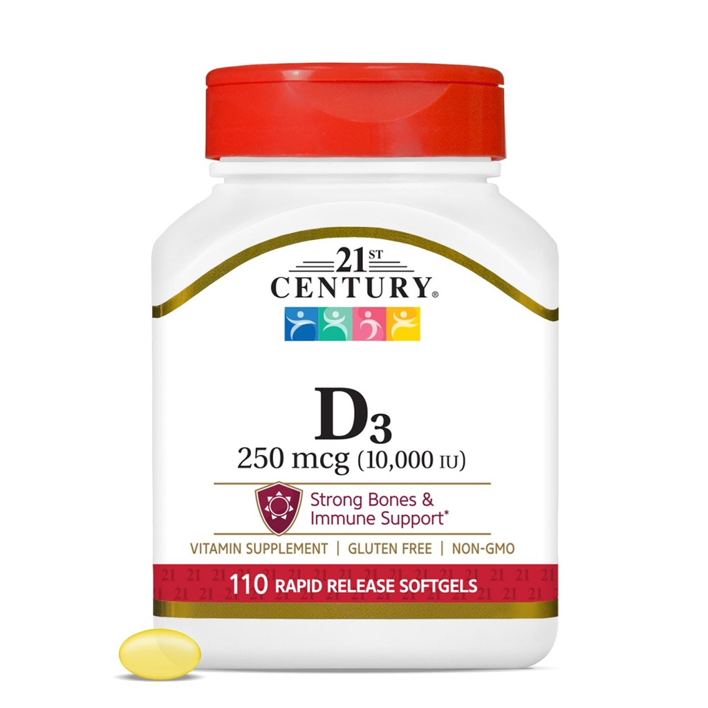 21世纪维生素D3 250 mcg (10,000 IU) 快速释放软胶,110 计数