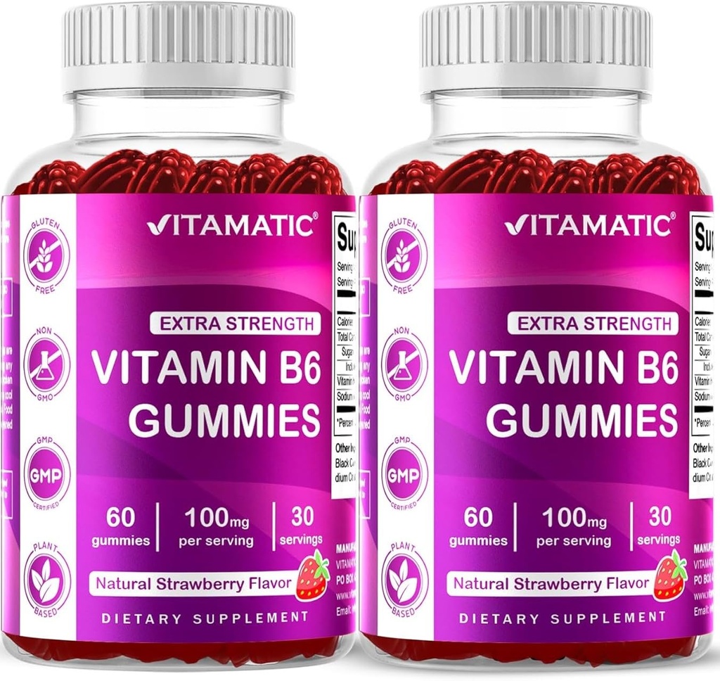维生素2包装 B6 100mg Gummys – 天然草莓火焰 – 每瓶60枚Pectin基Gummys – 神经系统与能量支持