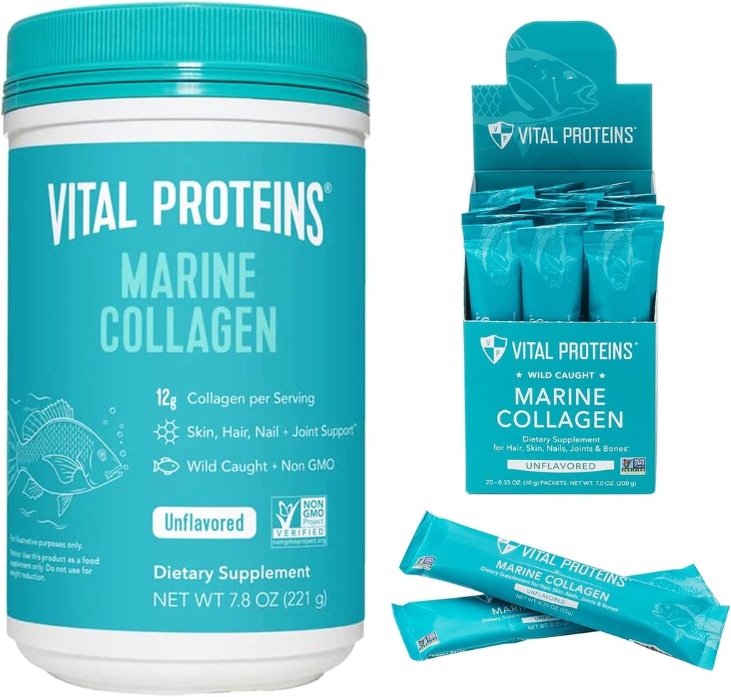 重要蛋白质 海洋Collagen Peptides 粉末 补充 7.8 oz罐头 + 棒包装(10克)(20盒)
