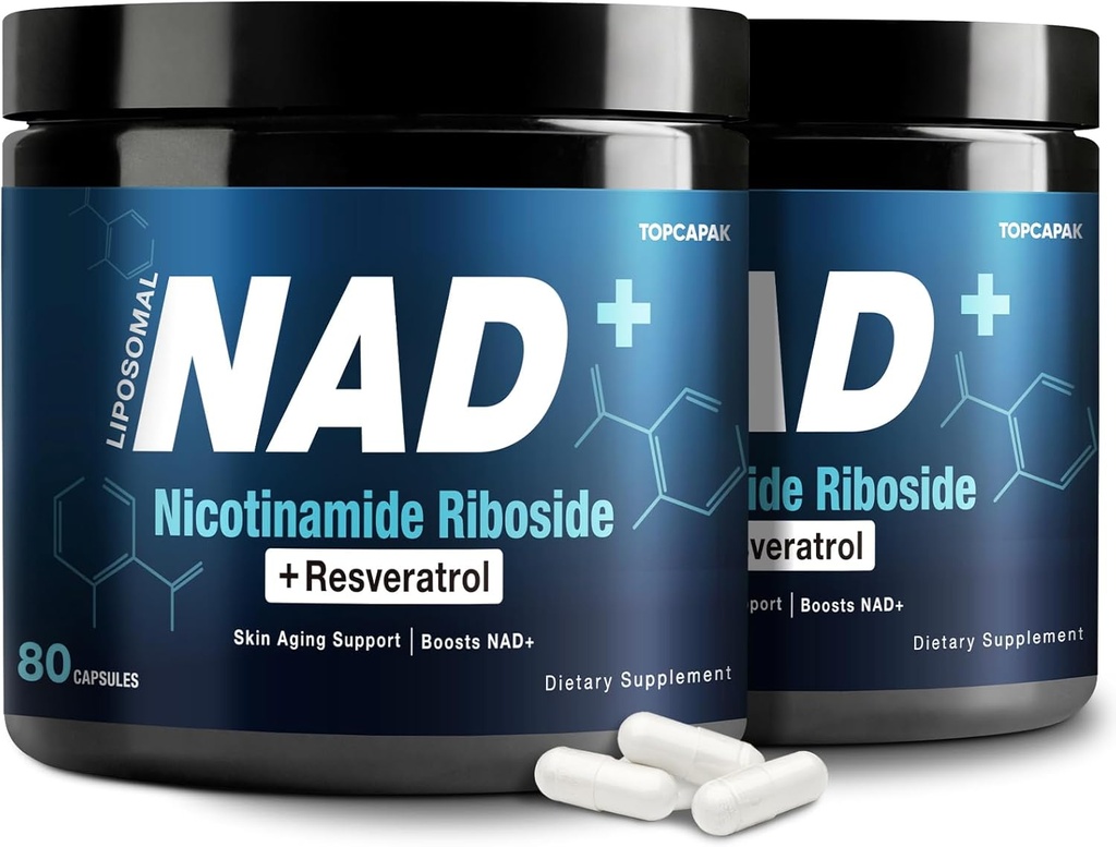 NAD+ 补充1000mg - Nicotinamide Riboside(NR)和Resveratrol, Liposomal NAD 纯有机材料,用于妇女和男子健康老龄化、脑和细胞能量,80 Capsules(2Pcs)