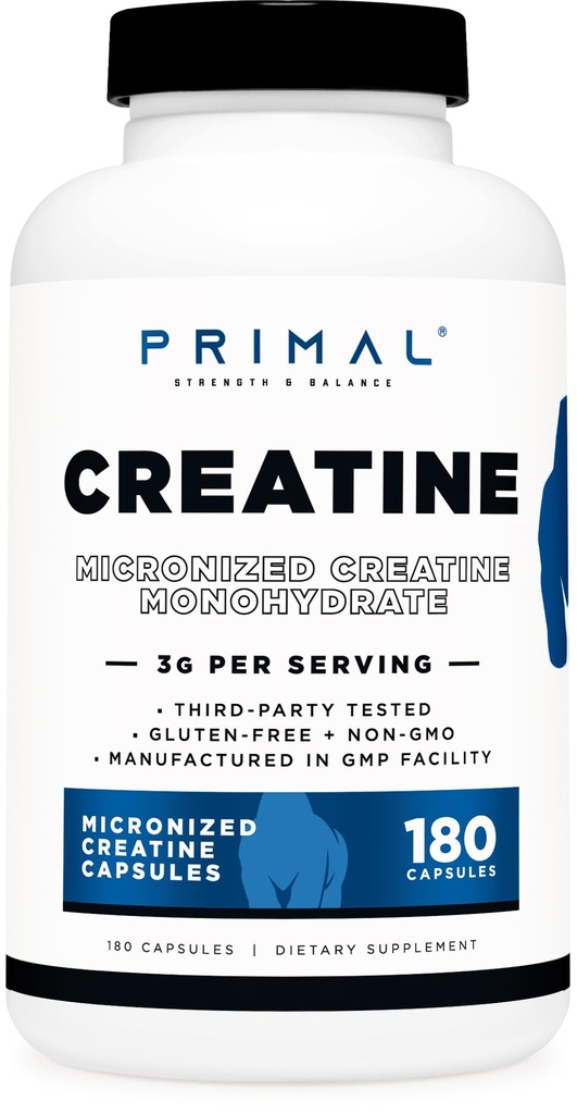 Primal Creatine Monohydrate (3,000 Mg, 180 Caps) - 微量化 Creatine 补充剂, 750 mg Per Capsule, 极有利于预研和回收 - 无糖、非GMO