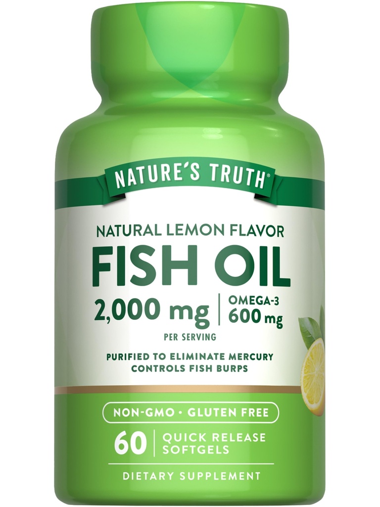 大自然的真鱼油 Omega 3 补充 | 2000mg | 60 Softgels | EPA & DHA | Lemon Flavor | Non-GMO and Gluten Free