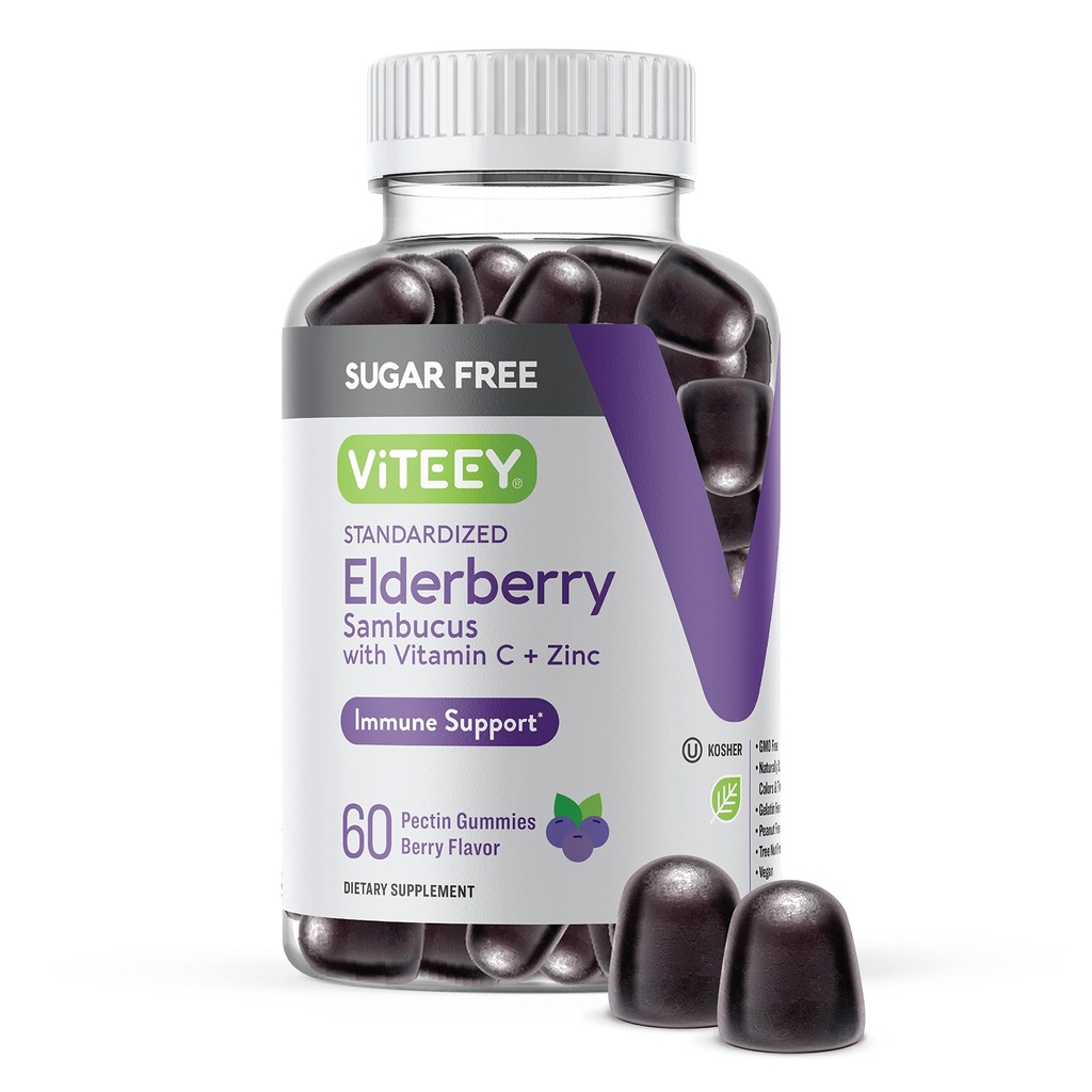 VITEEY Sambucus Melderberry Gummys for Adules & Teens + Zinc & Vitamin C - 无糖 - 免疫支持和助药草药补充剂 - Vegan, Gluten Free, Gelatin Free, GMO Free, Chewwable Berry Flavored (英语).
