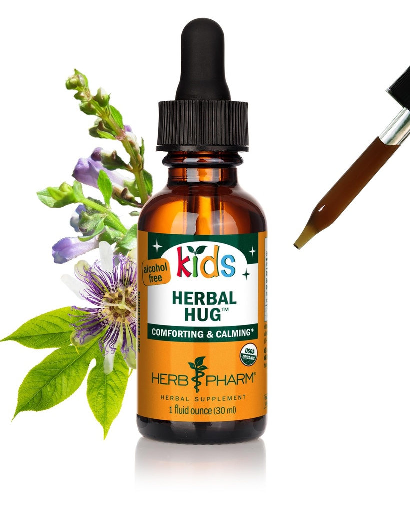 Herb Pharm Organization Kids Herbal Hug:神经系统支持与骷髅, Passionflow, Mullein & Oat种子 QQ快速吸附和无酒精, 亲孩子的味道, 为孩子提取, 1 oz*