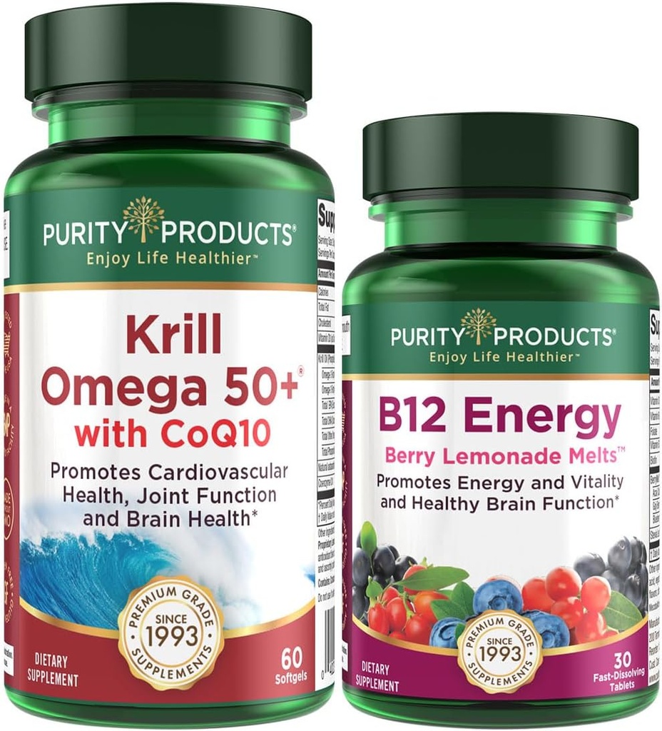 纯净产品包 - Krill Omega 50 + 与 CoQ10 + B-12 能量熔融 - Krill Omega 50 + 与 CoQ10 (Krill Oil, Fish Oil, CoQ10,维生素D) B-12 贝里熔融(Methylcobalamin B12 + B6 + D3 + 更多)