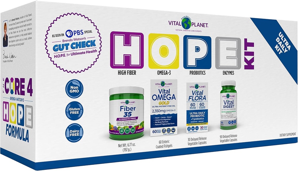 生命星球 — Gut Check Hope Formula Kit by Brenda Watson — 4 产品包 配有超日产30 Cap, Fiber 35 Powder 6.7oz, Vital Omega Oil 60 Softgels, 和消化酶 90 Cap