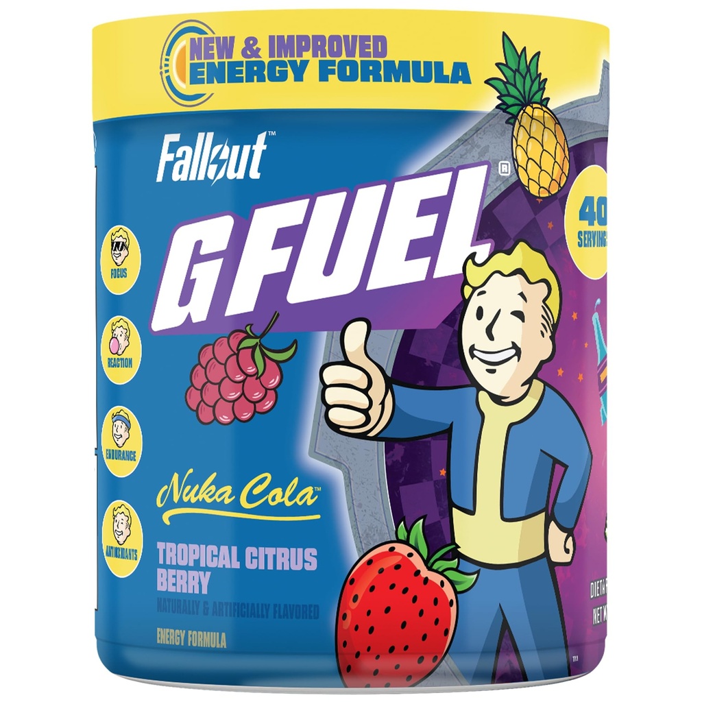 G Fuel Nuka Cola能源粉、无糖、清洁咖啡因重点补充品、水混合剂、热带Citrus Berry Flavor、Focus Amino、维生素+抗氧化剂混合剂-9.8 oz(40架)