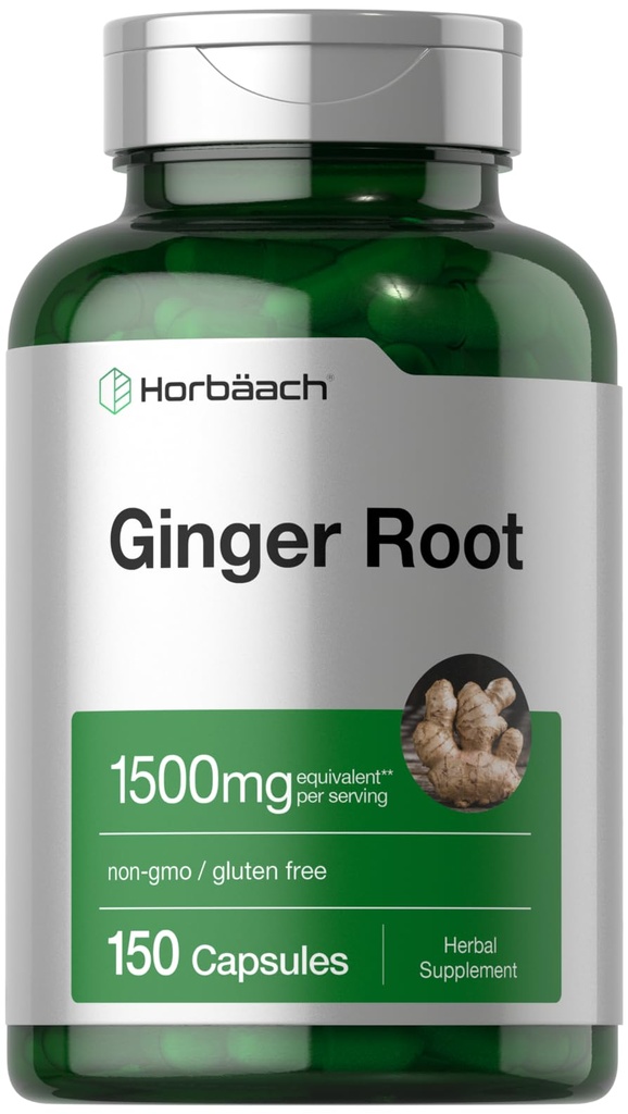 Horbäach 姜根胶片 1500 mg → 150 药片 → Non-GMO, Gluten Free → Ginger Root 提取器
