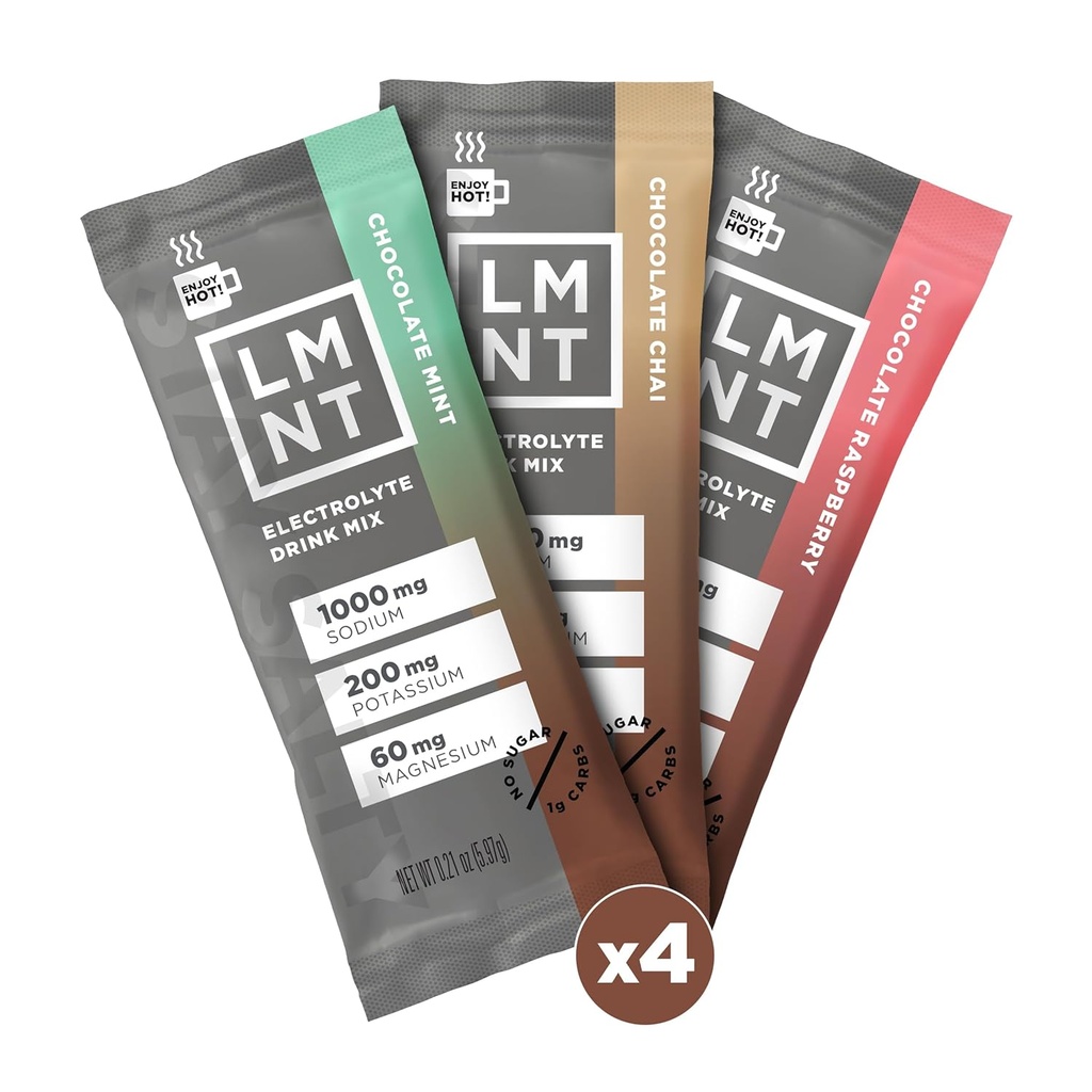 饮用LMNT 零糖热巧克力或咖啡混合剂 - 巧克力Medley - 品种包装 - 饮用混合剂 - 12 Count