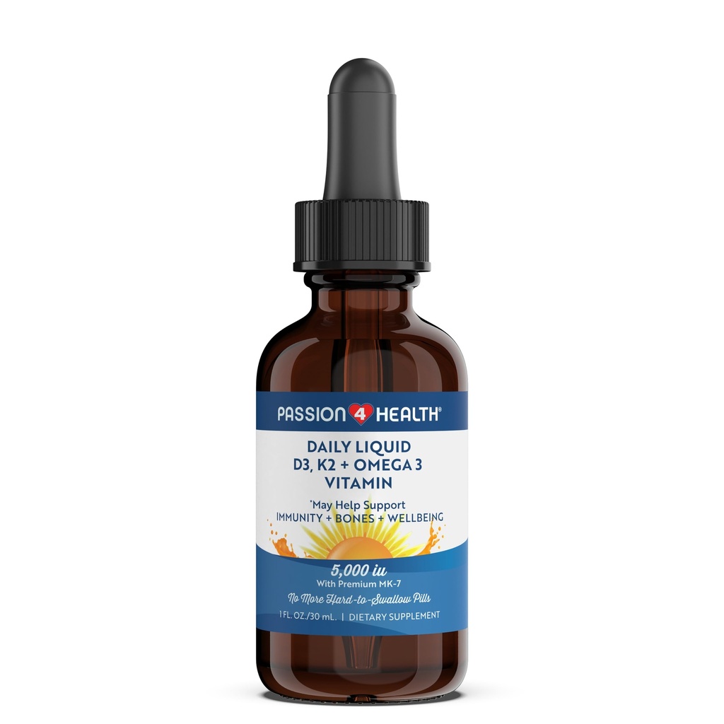 Passion 4 健康有机维生素 D3 K2(Mk-7) + Omega 3 补充 - 液体维生素 D 滴水(5000IU) - 支持健康骨骼和肌肉
