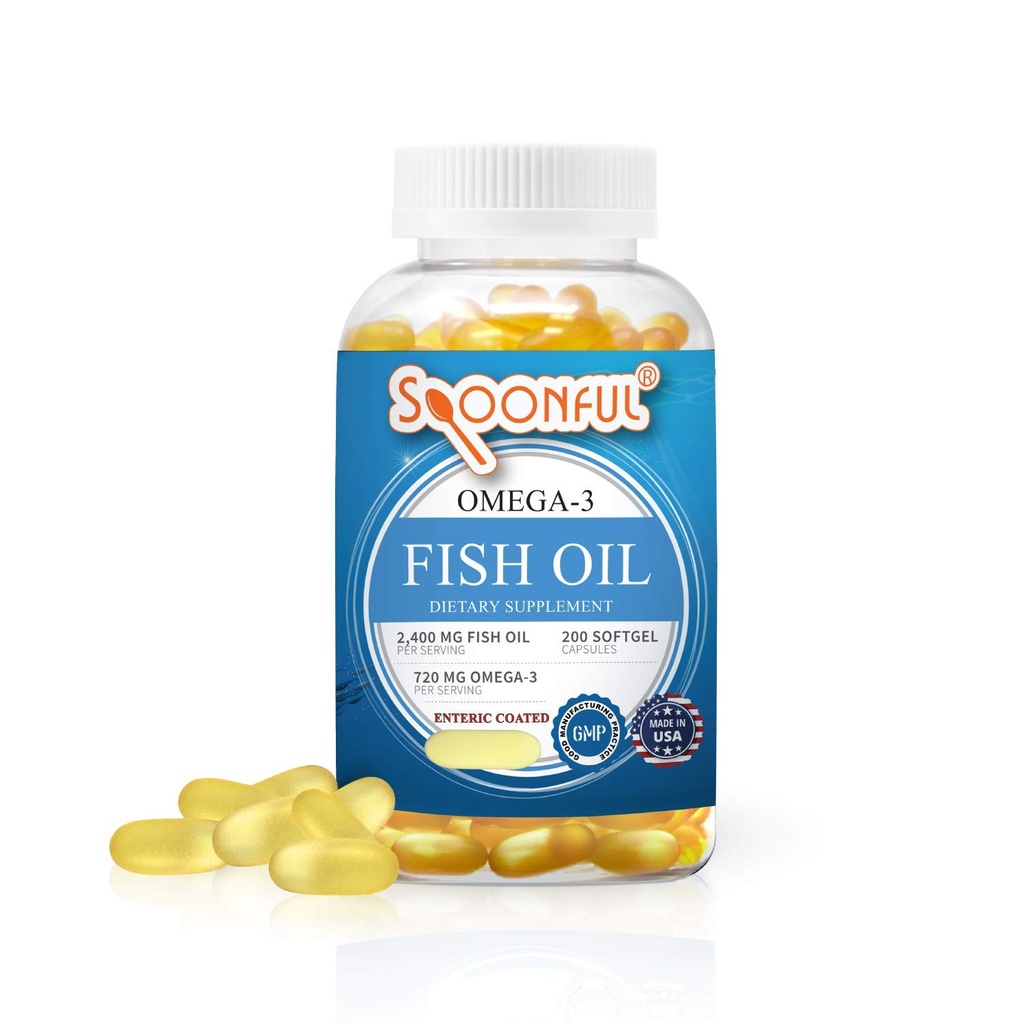 Spoonful Omega 3 Fish Oil Enteric Coded 2400mg, 200 Capsules, Burpless, 快速释放软胶 Capsules, 在美国制造,NSF-验证