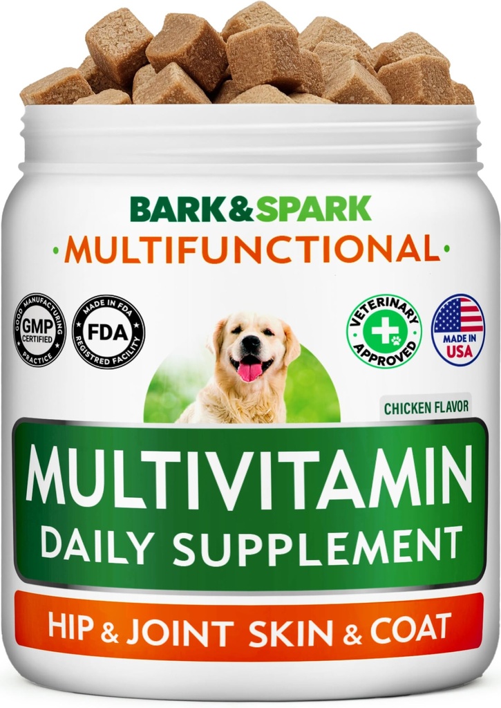 BARK&SPARK 狗维生素和补充剂 - 多维他命 狗可食用药 - Glucosamine Chondroitin 联合支持+ Omega 皮和煤+ 亲生素 - 多维他命 宠物健康 - 120Ct