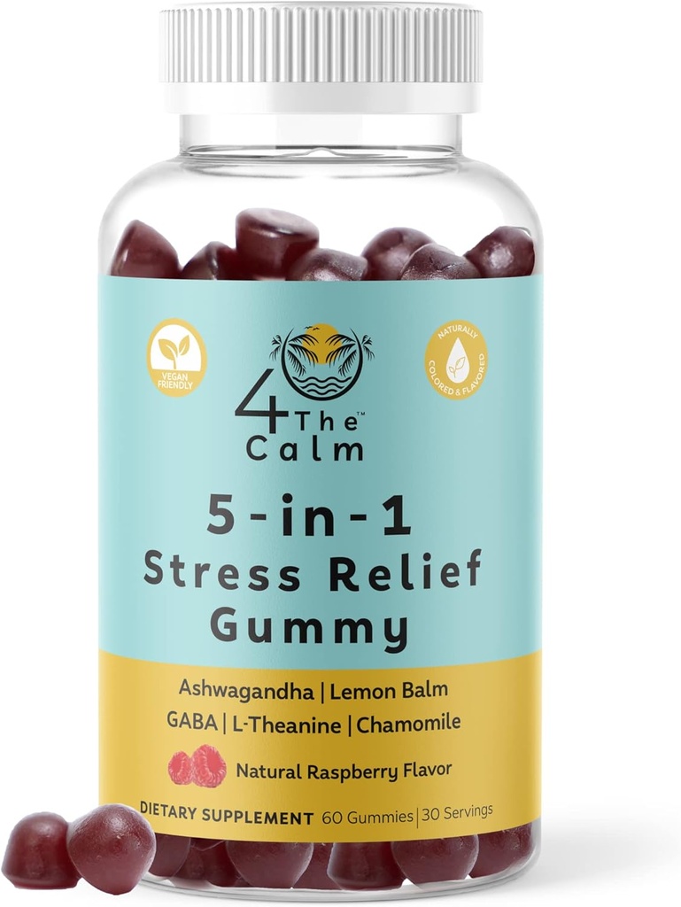4 TheCalm 5in1 压力救济增刊 Gummy – GABA,柠檬鲍姆,L-Theanine,Chamomile,Ashwagandha – 压力救济增刊(Natural Raspberry Flamvor, 60 Gummys)