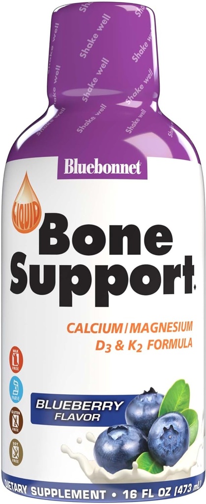 Bluebonnet 营养液骨支持钙 Citrate, 镁 Citrate, 维生素D3, K2, 用于Bone健康, 非转基因O, Gluten Free, Soy 免奶, kosher, 32 services, Blueberry Flavor, 16 Fl Oz (Pack of 1).