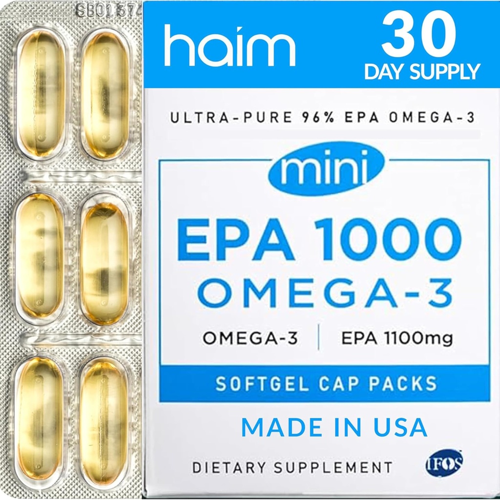 HAIM EPA1000 MINI – 纯EPA鱼油增购 – 1,100mg Omega-3 心脏,大脑和联合健康 – 高概率,Burpless软胶 – 小,易向燕子笼 – 60软胶 – 在美国制造