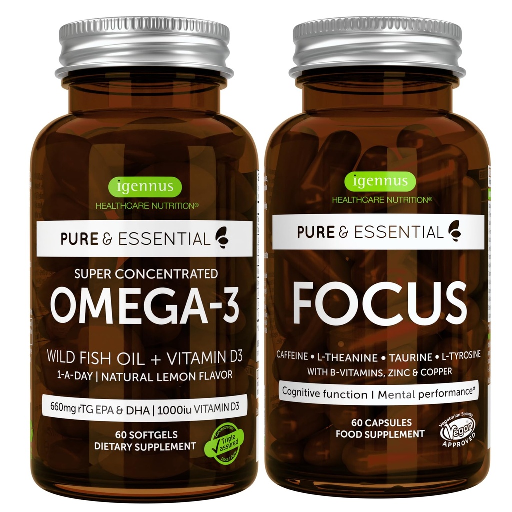 Omega-3 & Vitamin D3 1000iu + Focus Brain Booster Bundle, 快动作 1-a-day EPA & DHA rTG 野鱼油 + 咖啡因, L-Theanine, Taurine & L-Tyrosine, B-Vitamins, Zinc & C铜, 作者 Igennus