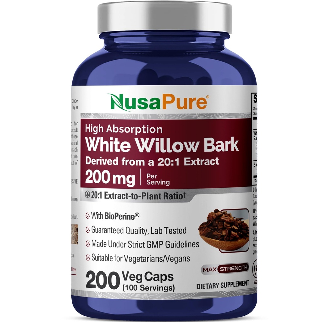 NusaPure White Willow Bark 20:1 提取物,200毫克等效至4000毫克,200 Veggie Capsules, Max Striff, (N-GMO, Vegan)