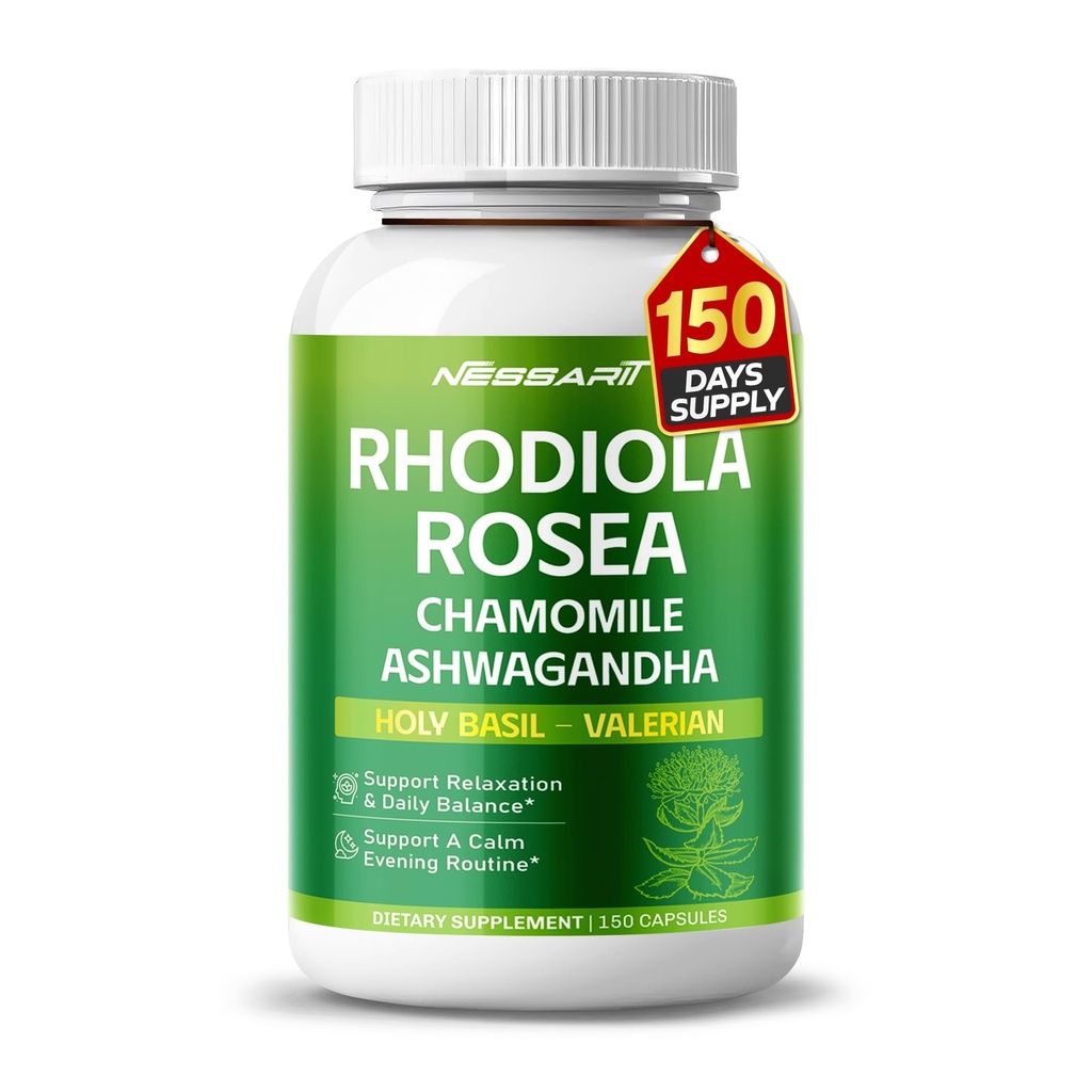 RHODIOLA ROSEA 补充-11-in-1 Natural Blend 与 Chamomile L-Theanine Ashwagandha 圣巴西尔·瓦莱里安 Passionflow – 150 Counter - 在美国制造和试验
