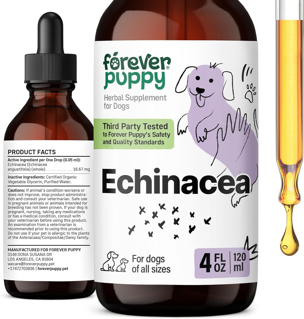 (原始内容存档于2018-07-21) (英语). Forever Pupy Echinacea Drops for Dogs - 豁免支持和呼吸卫生 w/Echinacea Herb 提取 - All Breeds & Sigss的液体免疫支持补充 - 4 oz