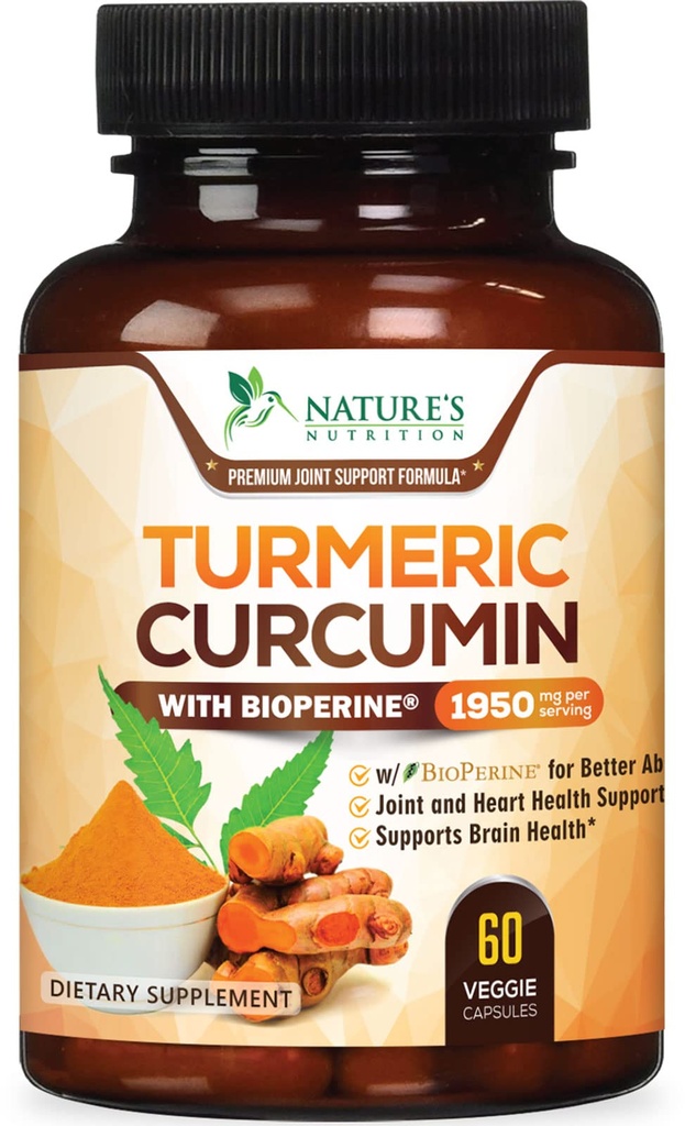 Turmeric Curcumin Supplement 1950mg - 95% Curcuminoids 有机Turmeric & BioPerine Black Pepper 提取最佳吸收,自然维冈联合支持,非GMO,美国瓶装 - 60 Capsules