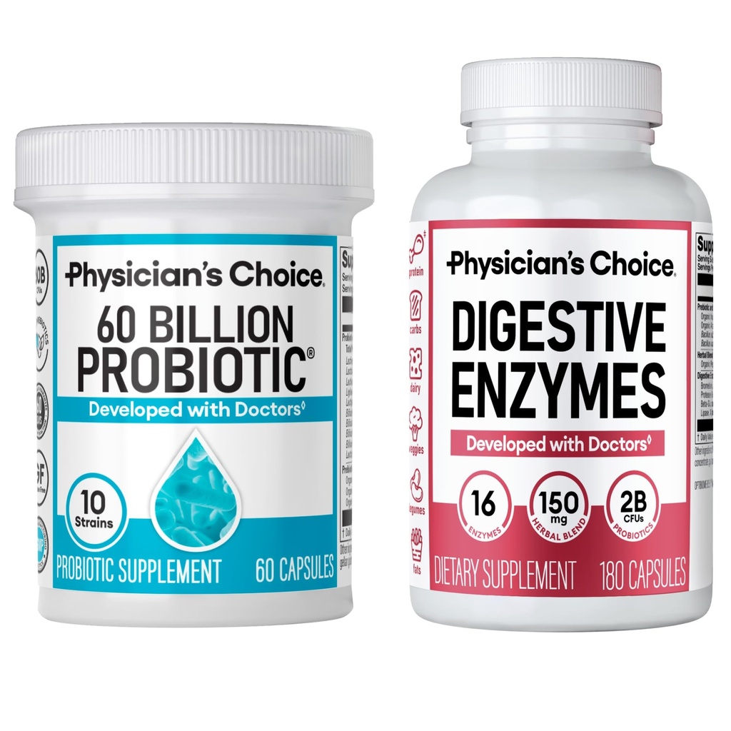 物理家的CHOICE - 最佳古特健康套装:60亿Probiotic 60ct + 消化酶180ct 用于消化舒适和免疫支持 - 价值套装