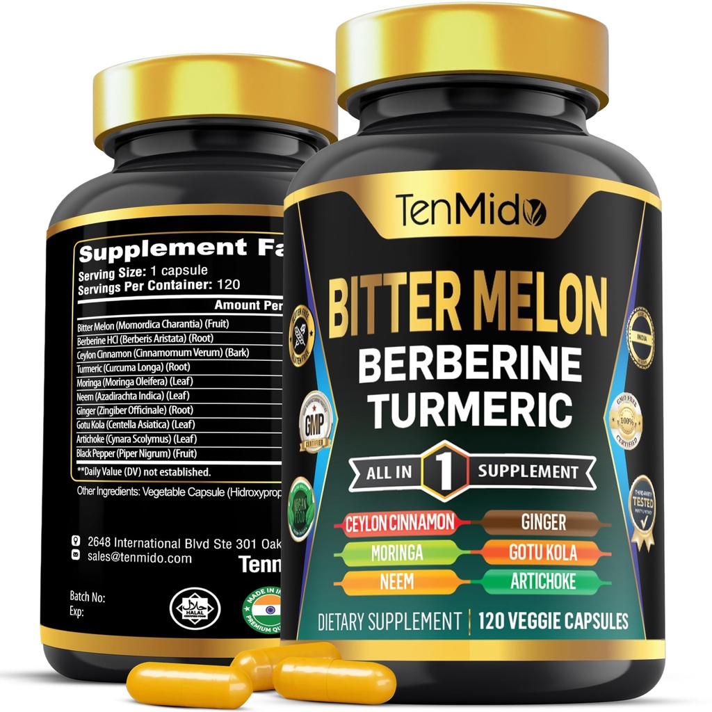 Bitter Melon Capsules - 10in1 配方 - 与柏柏林,锡兰桂,图尔美,莫林加,涅姆,金吉,格图科拉,阿尔蒂科克,和黑辣椒合用 120 Capsules 供4个月使用