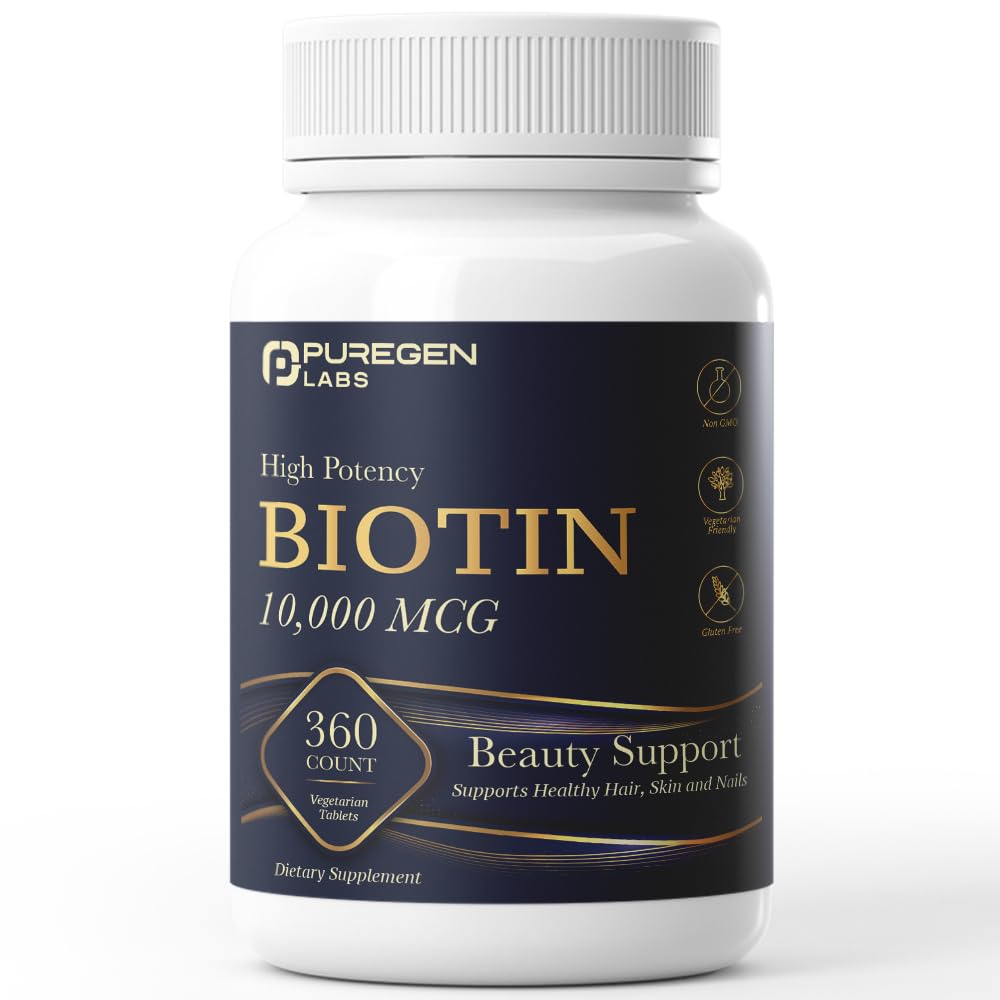 Puregen Labs Biotin 10,000 MCG支持健康头发,皮肤和钉子 - 高潜力美容支持 - 非GMO,Gluten Free QQ360蔬菜片
