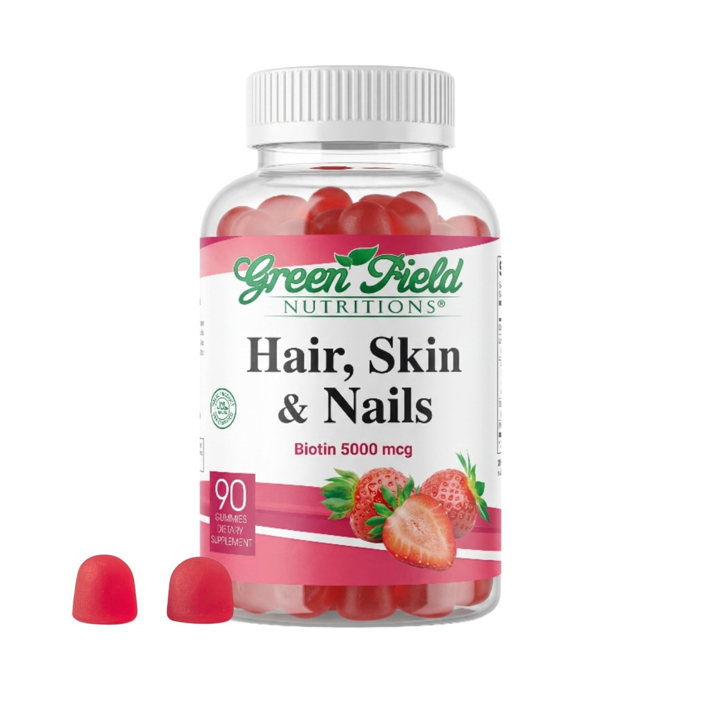绿地营养 - Halal Biotin Gummys Vitamin for hair, Skin and Nails, 支持脂肪代谢, hair growth, 强直钉 & Clear Skin, Gelatin Free, 非GMO, 和 Gluten Free - 90 Gummys